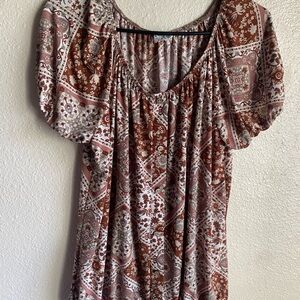 NAIF Brown and White Puff Sleeve Ruched Blouse